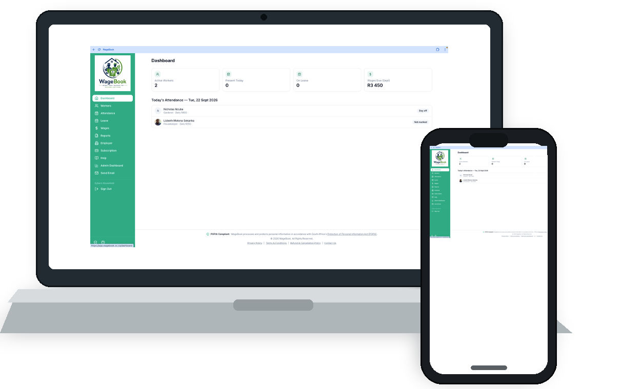 WageBook dashboard shown on a computer and mobile phone